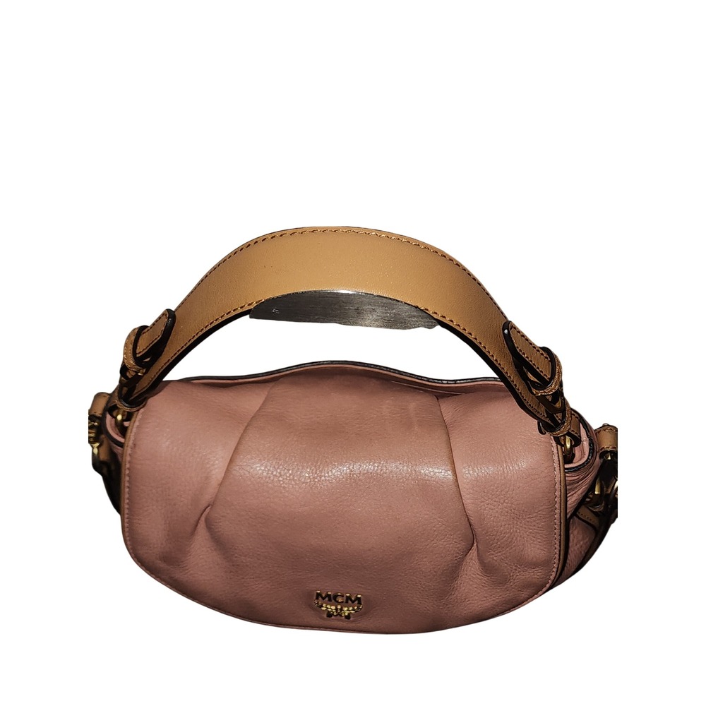 MCM Pink Leather Pleated Flap Crossbody Bag Gold Logo Tan Trim Shoulder Bag - Picture 3 of 5